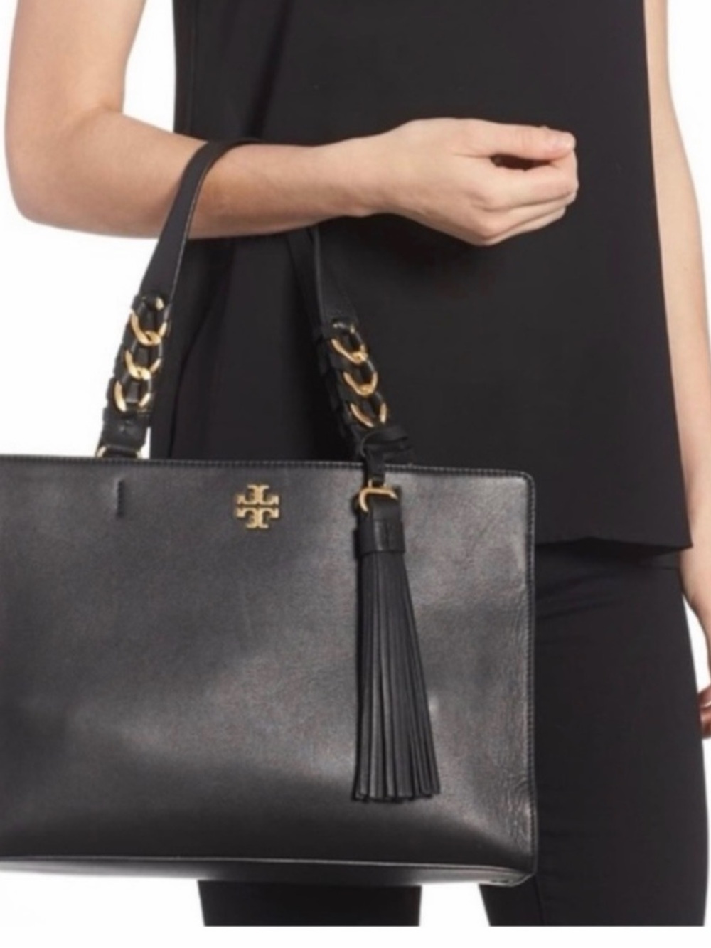 Tory Burch Black Brooke Leather Tote Gold Hardware